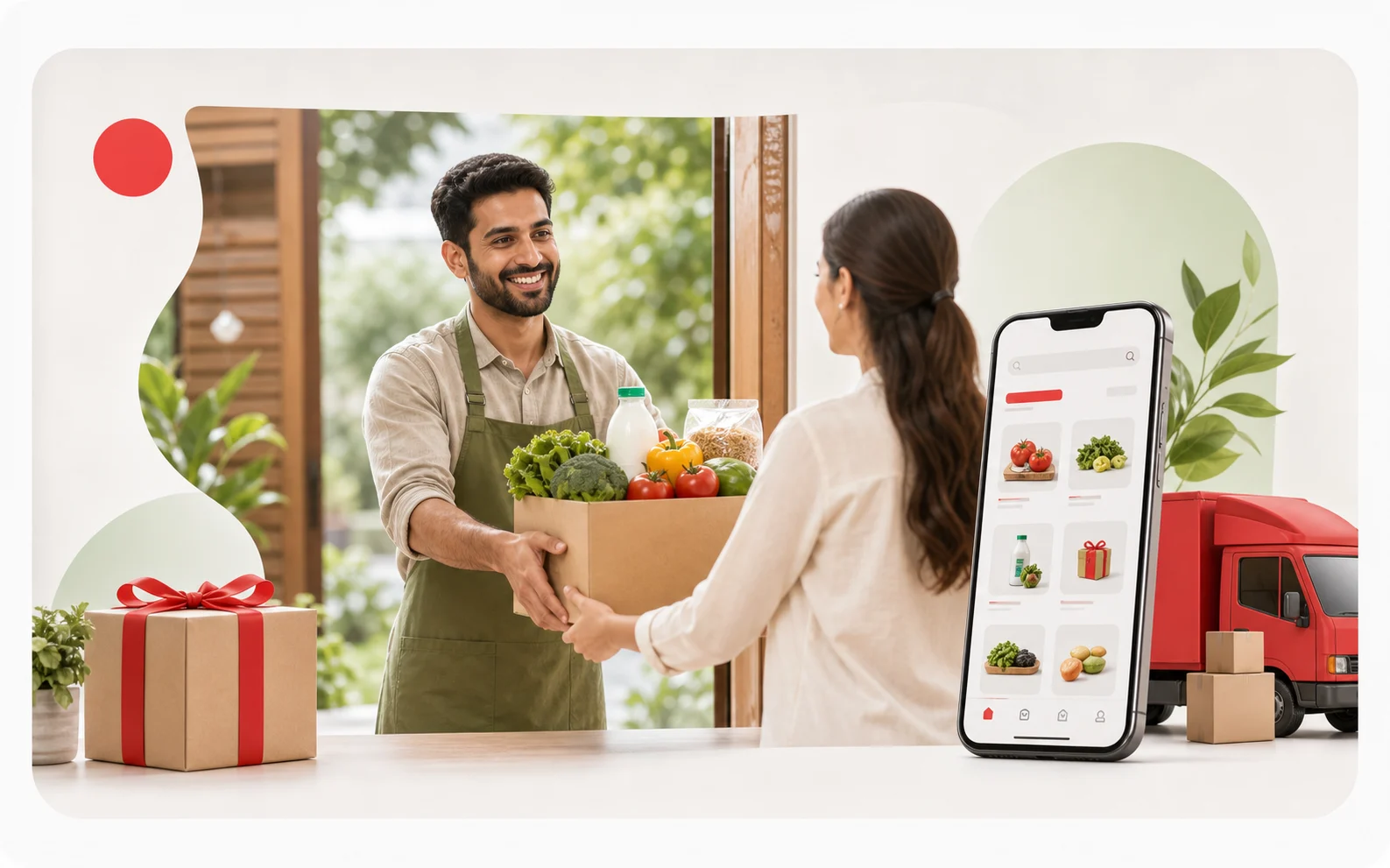 Vendor handing fresh marketplace items to a customer through Gudpanda